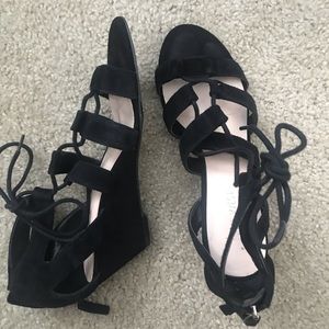 Black lace up wedge heels